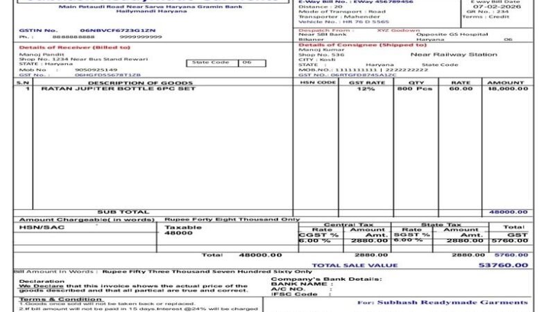 Bill to Ship to – GST Bill Format Design (With E-Way Bill Details)